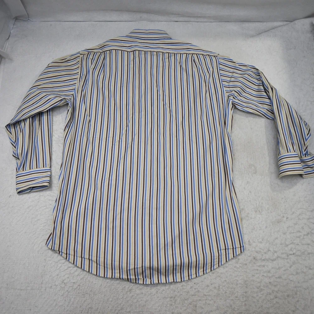 Façonnable Button Up Mens 16 Large Blue Brown Tan Striped Long Sleeve USA MADE